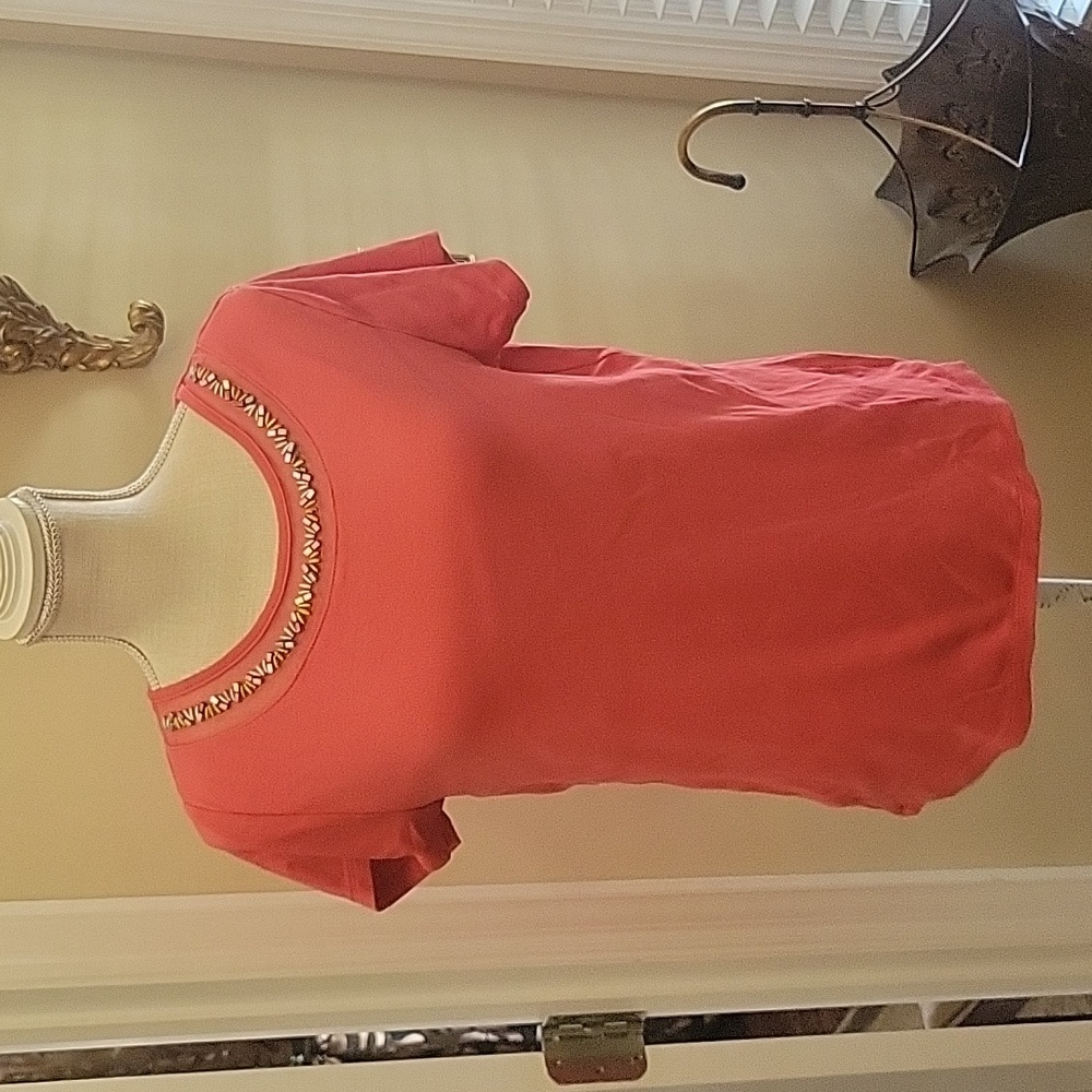 Rafaella coral short sleeve top pastel & gold silver beads 100% cotton sz Large